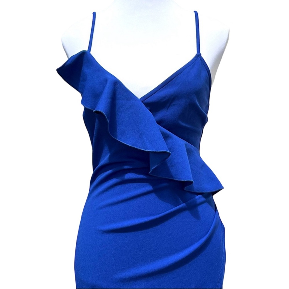 Lulu’s  Asymmetrical Ruffle V-neckline Bodycon Dress Stretch Size S Cobalt Blue - Picture 2 of 7